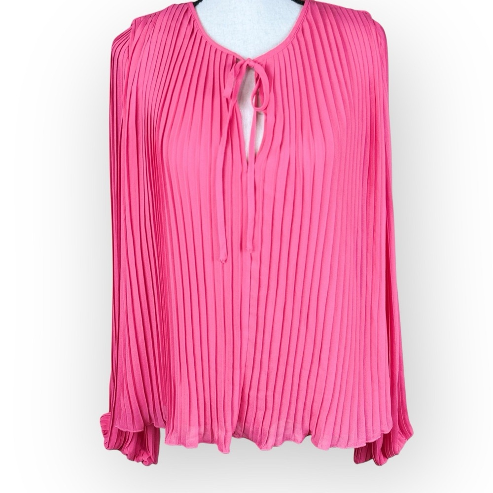H&M Pleated‎ Barbie Pink Chiffon Blouse Women's Medium Bubble Hem Sleeves Office